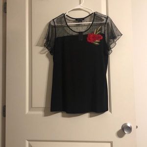 Black blouse sheer chest and floral detail